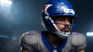 Buffalo Bills gray "Nickel City" alternate jersey and blue "Charge" helmet