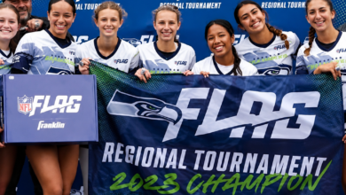 Los Angeles Seahawks quarterback Ava Ortman throwing the game-winning pass to Mya Smith at the NFL FLAG Championships